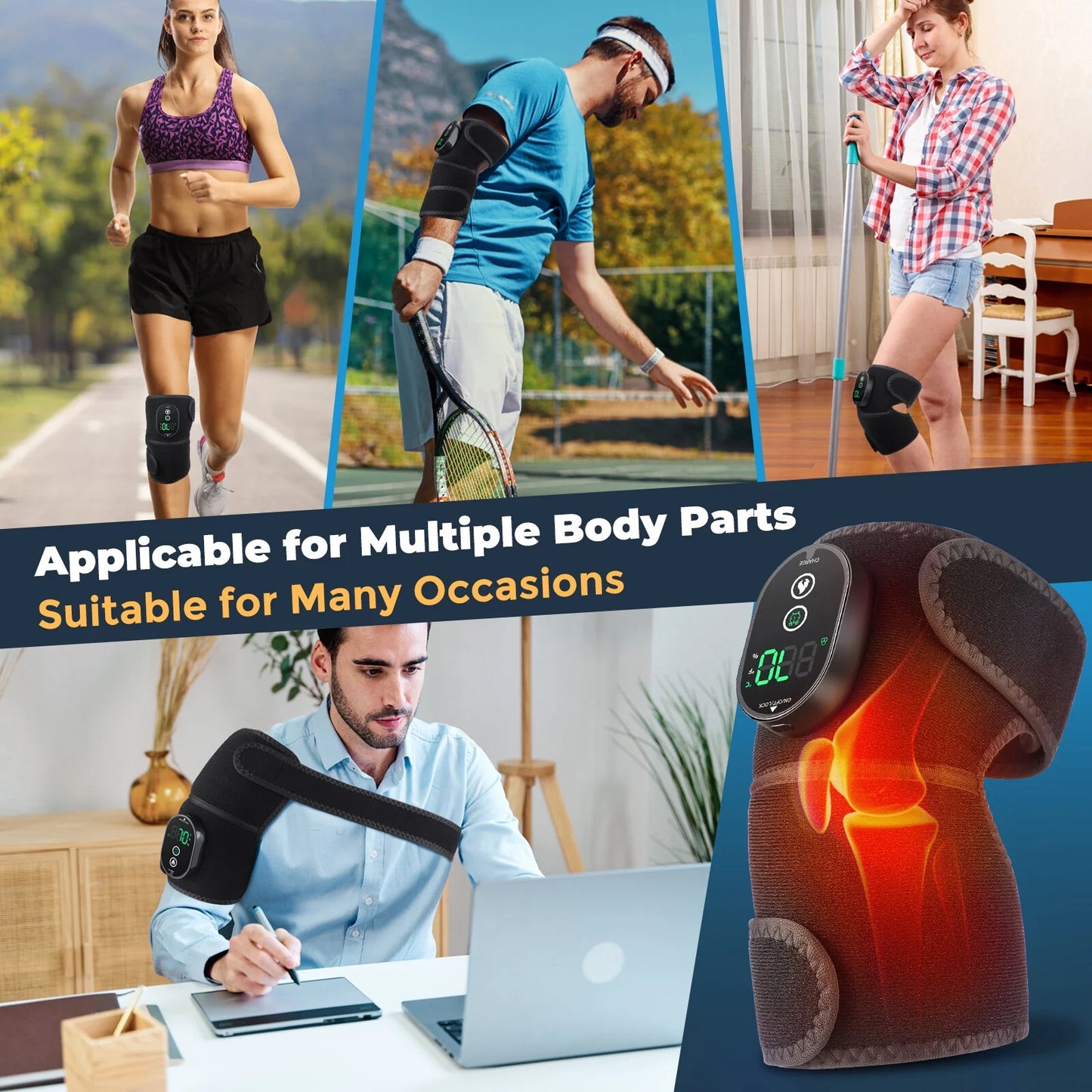 2PCS Heated Knee Massager Shoulder Heating Pads Elbow Brace 3 in 1 with Vibration, Cordless Rechargeable Heating Knee Warmers Wrap for Shoulder Elbow Knee Stress Relief, Gift